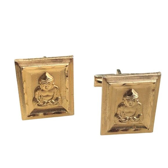 Vintage Gold Toned Buddha Cufflinks With Embossed Design - Picture 1 of 5